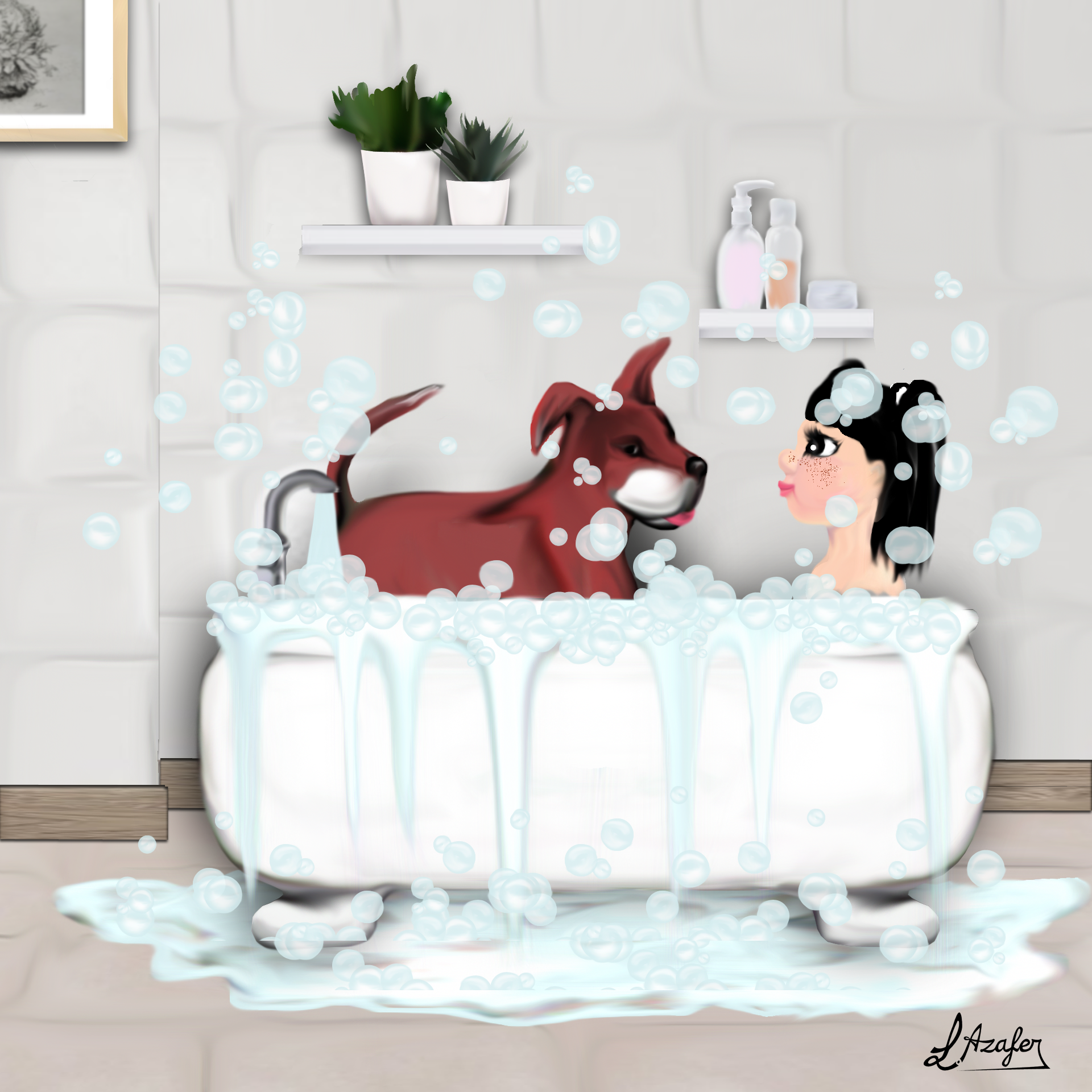 Imagen destacada del relato "Coco y el mundo de los perros". En ella hay una niña en una bañera bañándose con un perro.